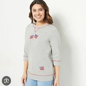 Quacker Factory - Embroidered Terry Sweatshirt - Heather Gray Flag Size Xl